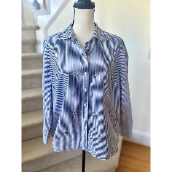 Talbots Blue & White Pin Stripe Rhinestone Bug & Flower Button Down - Picture 1 of 8
